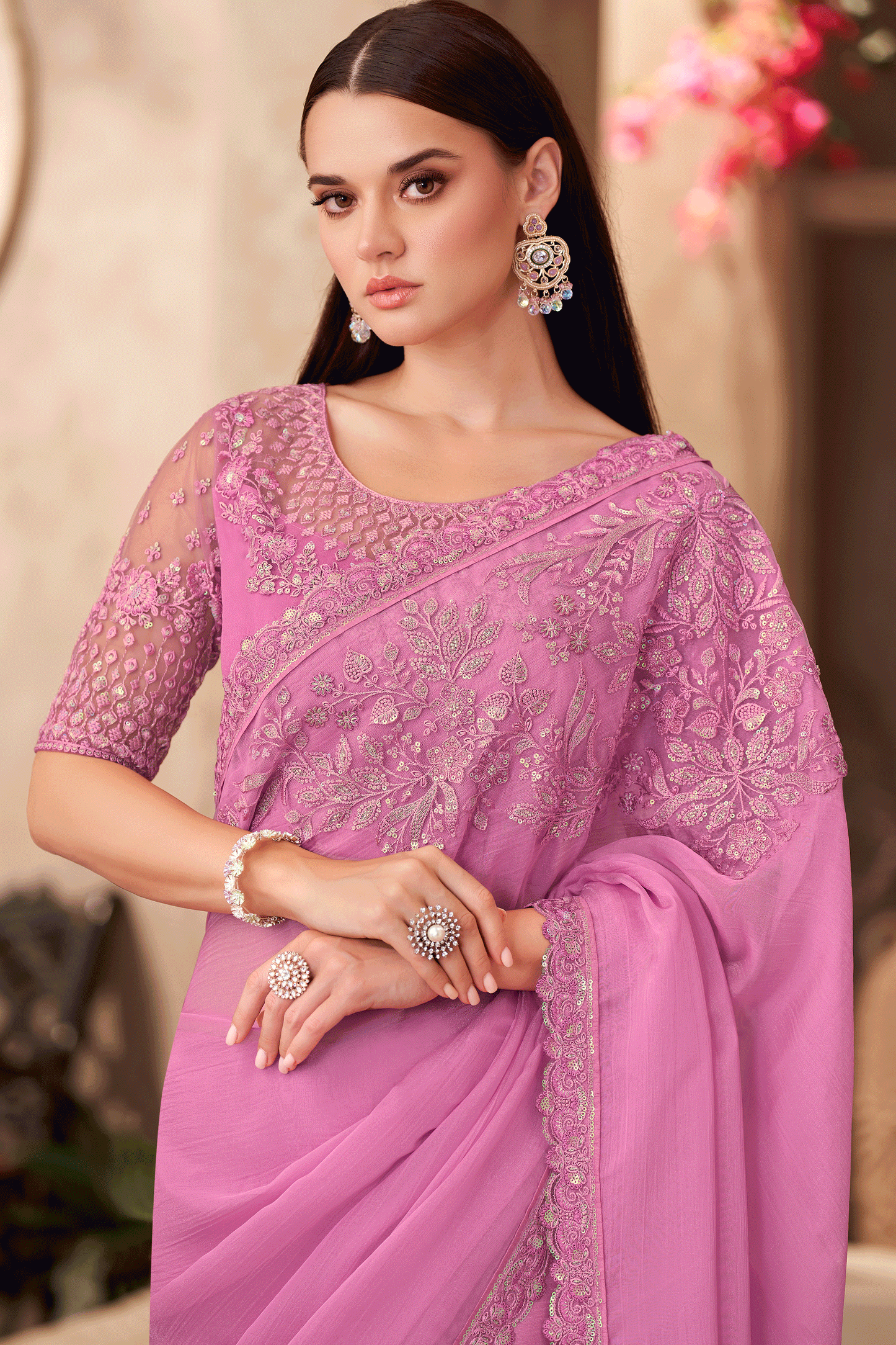 Pink Embroidered Chiffon Saree-ZB134905_2_SareeButa.com