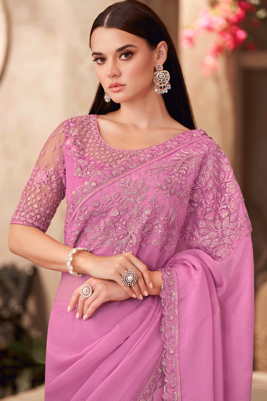 Pink Embroidered Chiffon Saree-ZB134905_2_SareeButa.com