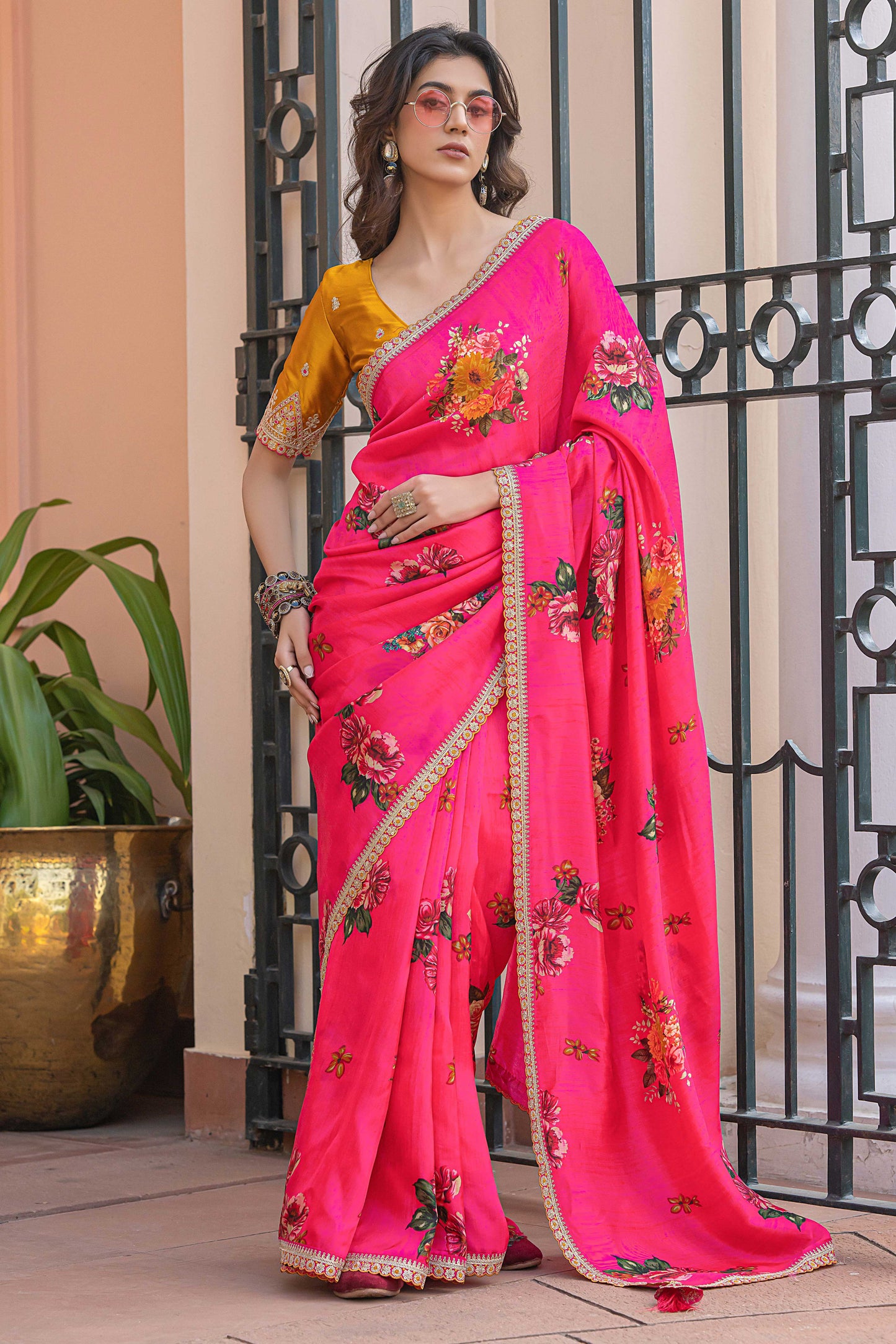 Pink Printed Viscose Silk Saree with Lace Border-ZB134630_4_SareeButa.com