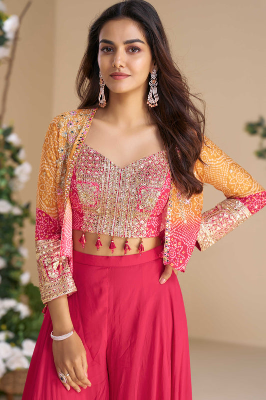 Pink Readymade Chinon Palazzo Set with Shrug-SS678_2_SareeButa.com