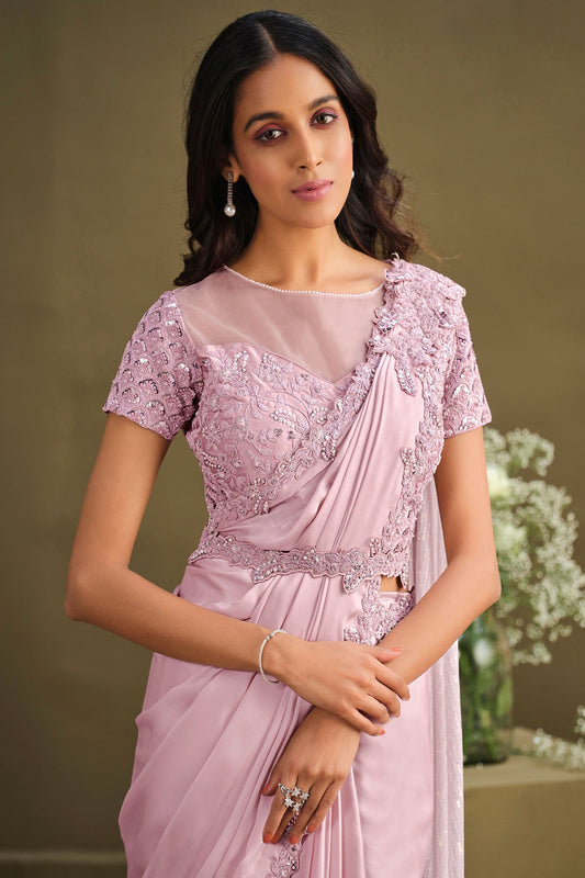 Pink Sequined Crepe Georgette Silk Readymade Saree-ZB133904_2_SareeButa.com