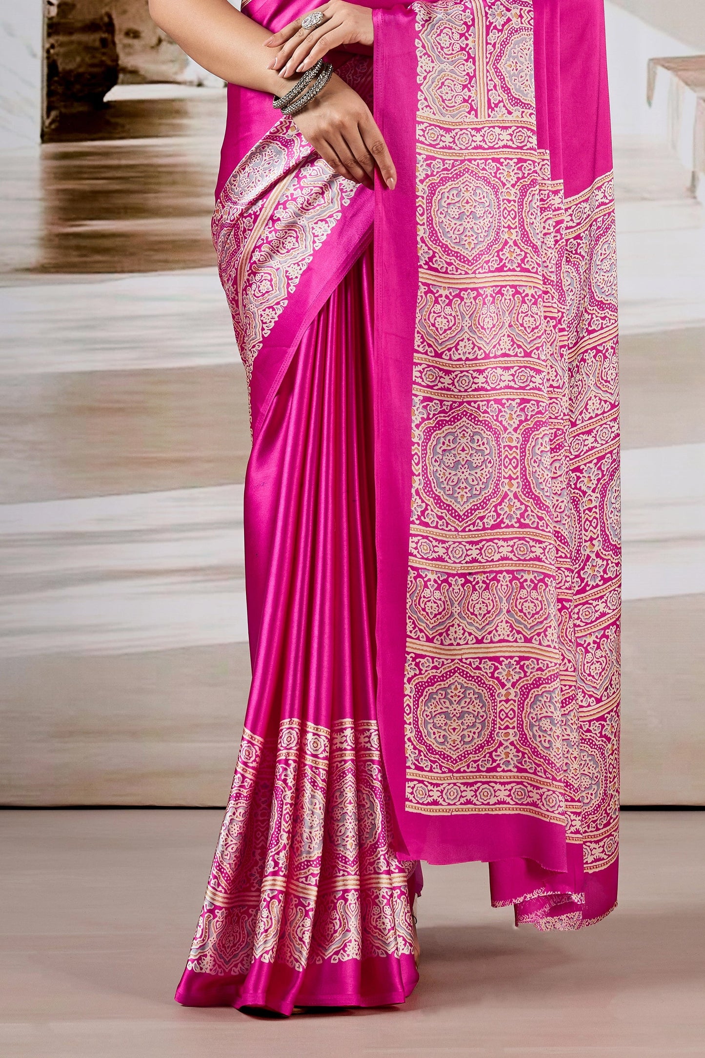 Pink Ajrakh Print Satin Saree-SAR11483_5_SareeButa.com