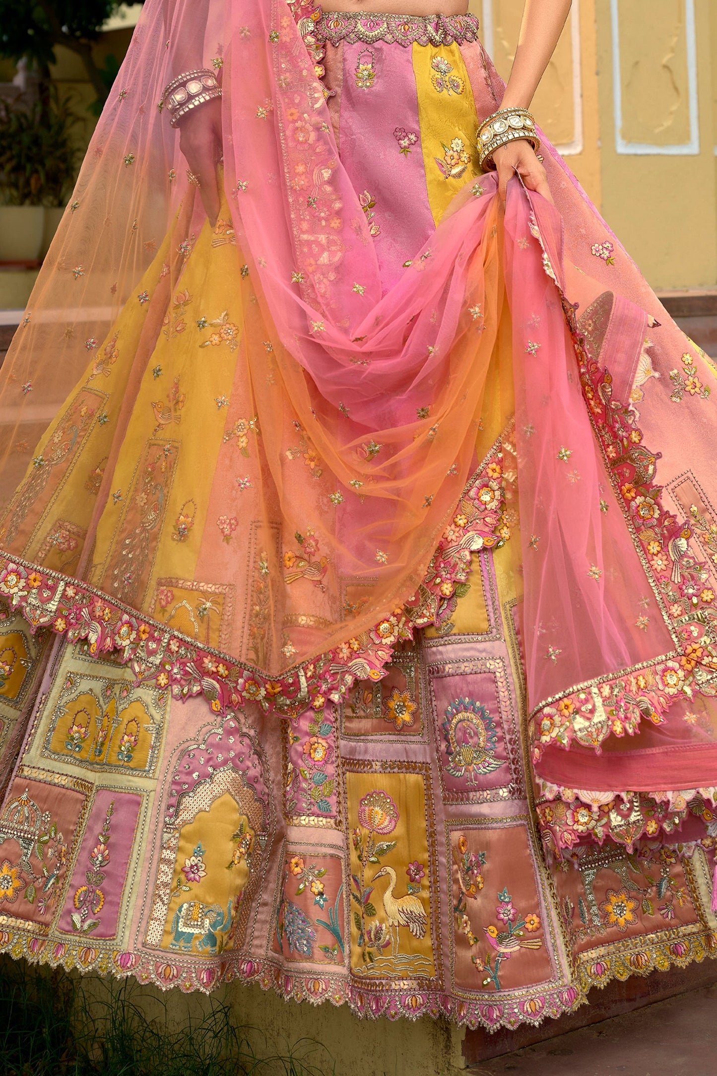 Pink And Yellow Unstitched Embroidered Silk Lehenga-SAR11034_5_SareeButa.com