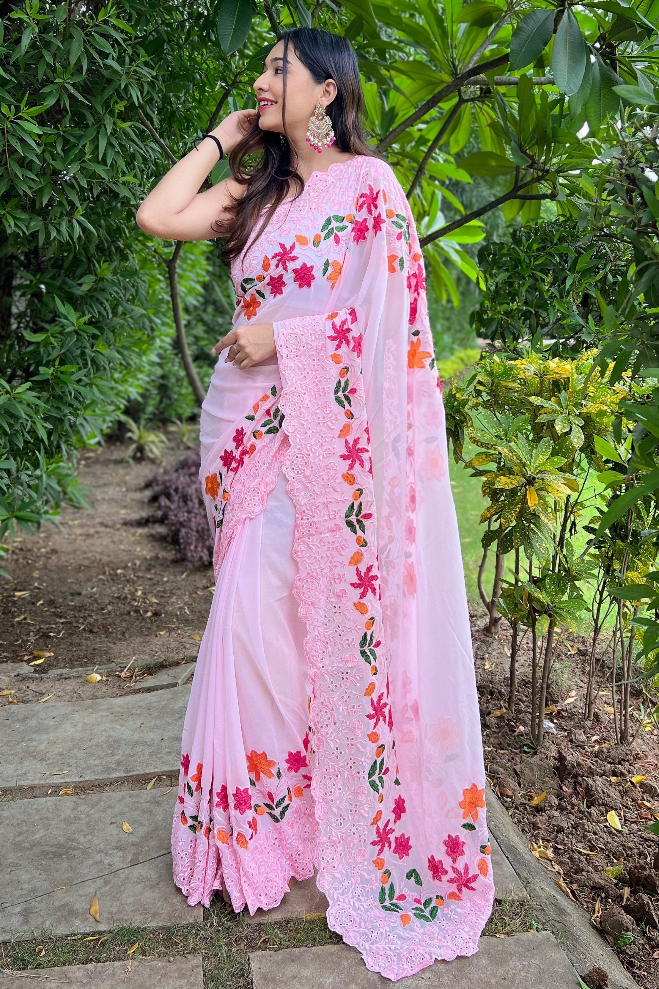 Pink Georgette Normal Drape Saree
