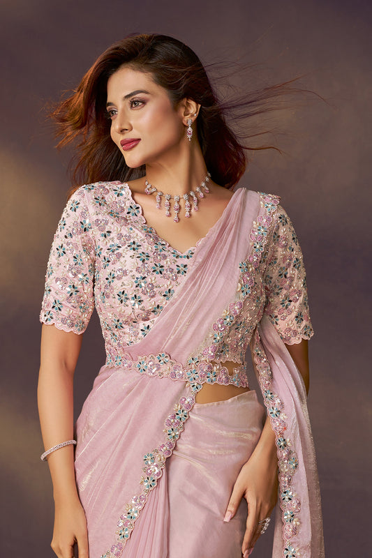 Pink Embroidered Satin Readymade Saree with Stitched Blouse-SAR10853_2_SareeButa.com