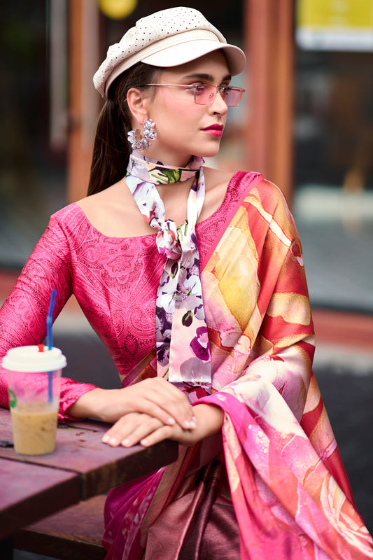 Pink Printed Satin Crepe Saree-ZB133758_2_SareeButa.com