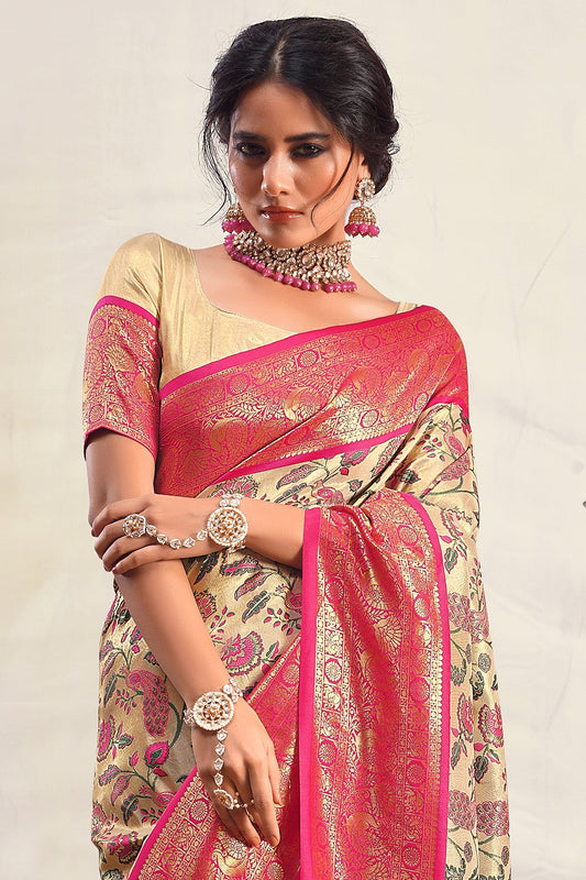 Beige With Pink Border Pure Dharmavaram Silk Saree-ZB133398_2_SareeButa.com
