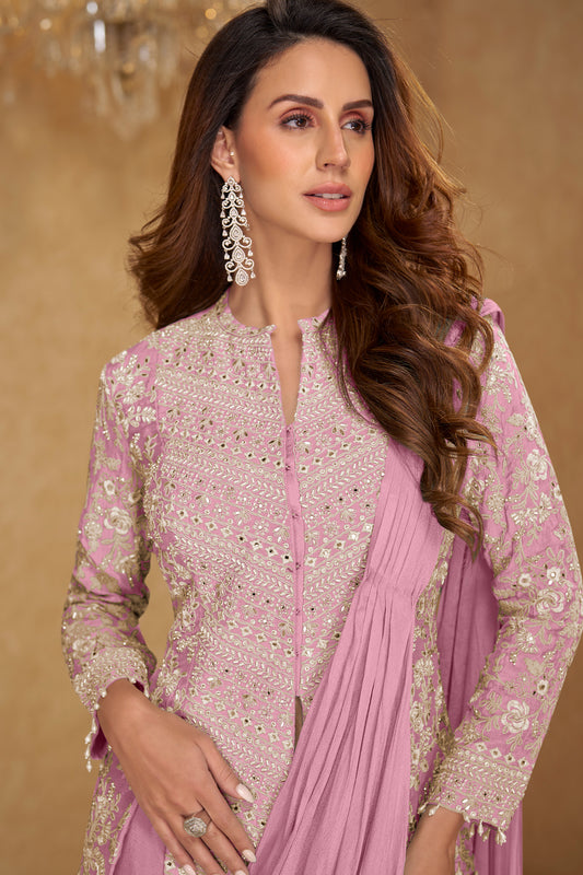Pink Readymade Chinon Skirt Set With Stitched Dupatta-SAR12795_2_SareeButa.com