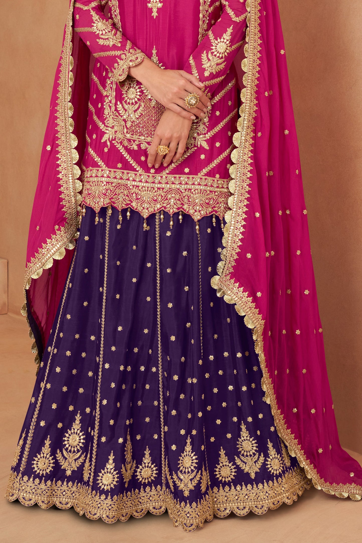 Pink Readymade Chinon Skirt Suit with Mirror Embroidery -SS508_3_SareeButa.com