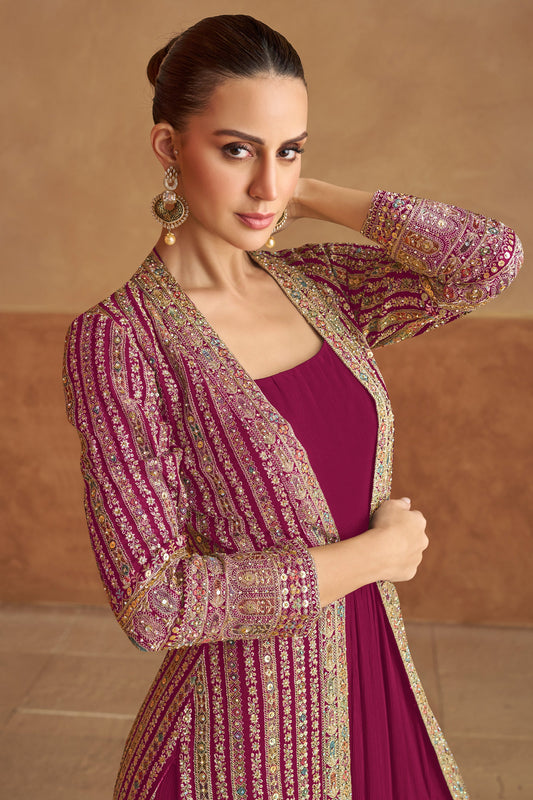 Pink Readymade Embroidered Georgette Gown with Jacket-SS518_2_SareeButa.com