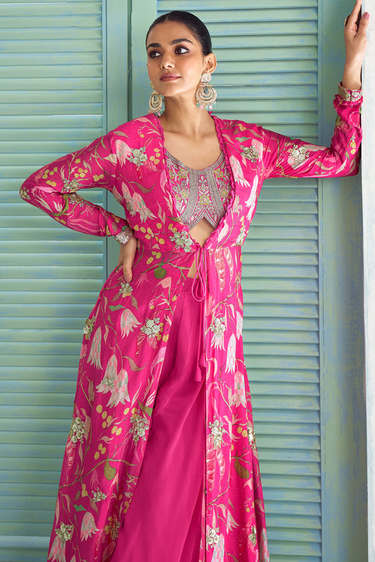 Pink Readymade Embroidered Palazzo Set With Long Shrug-SAR13120_2_SareeButa.com