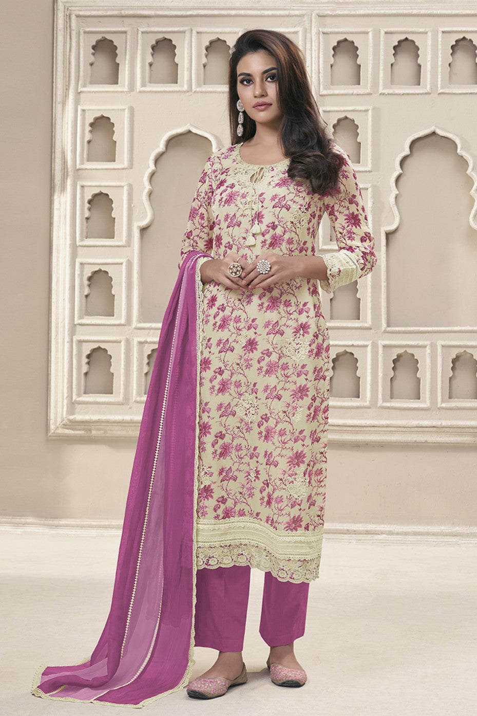 Blush Pink Organza Suit Set with Delicate Embroidery
