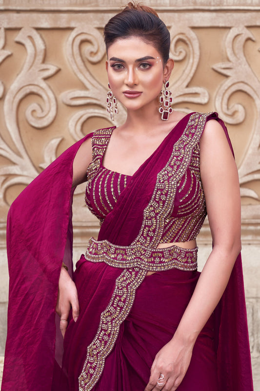 Pink Satin Silk Readymade Saree with Stitched Blouse-ZB134299_2_SareeButa.com