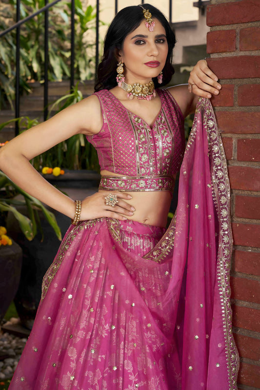 Pink Semi-Stitched Embroidered Jacquard Silk Lehenga-LC217_2_SareeButa.com