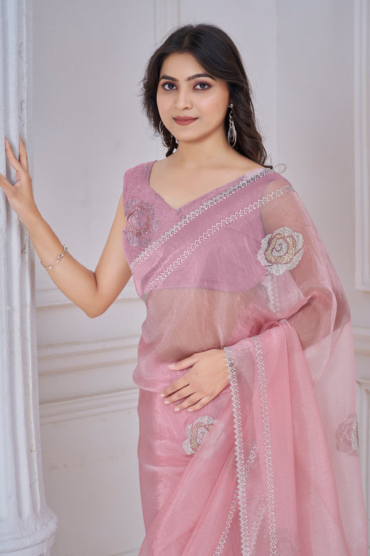 Pink Stone Work Organza Saree-SAR10763_2_SareeButa.com