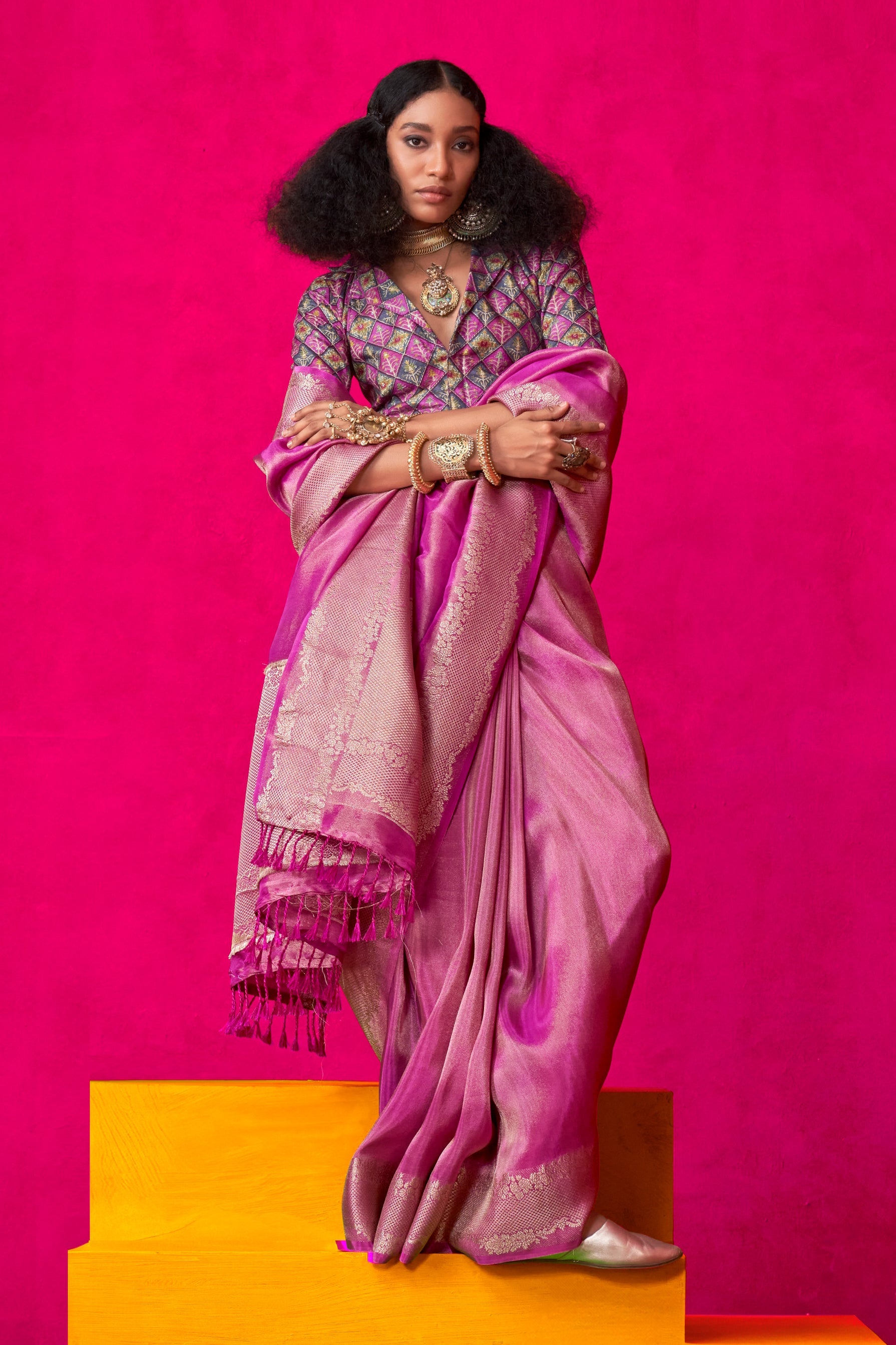 Women Pink Tissue Silk Woven Zari Design Saree With Unstitched Blouse