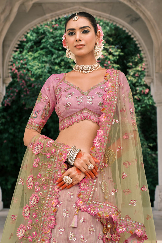 Pink and Green Semi-Stitched Embroidered Silk Lehenga-SAR10427_2_SareeButa.com