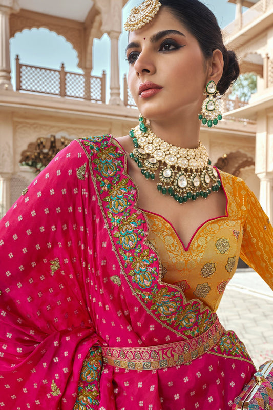 Pink and Yellow Semi-Stitched Banarasi Silk Lehenga-SAR10446_2_SareeButa.com
