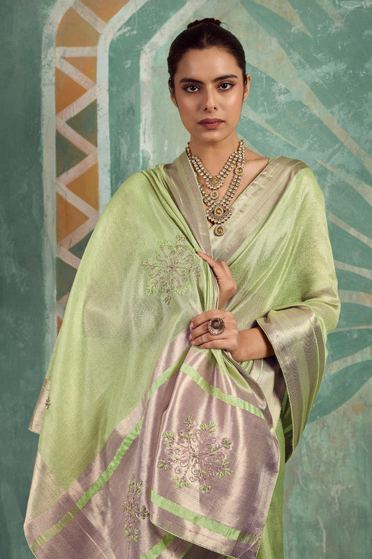 Pista Green Embroidered Tissue Cotton Saree-SAR12941_2_SareeButa.com