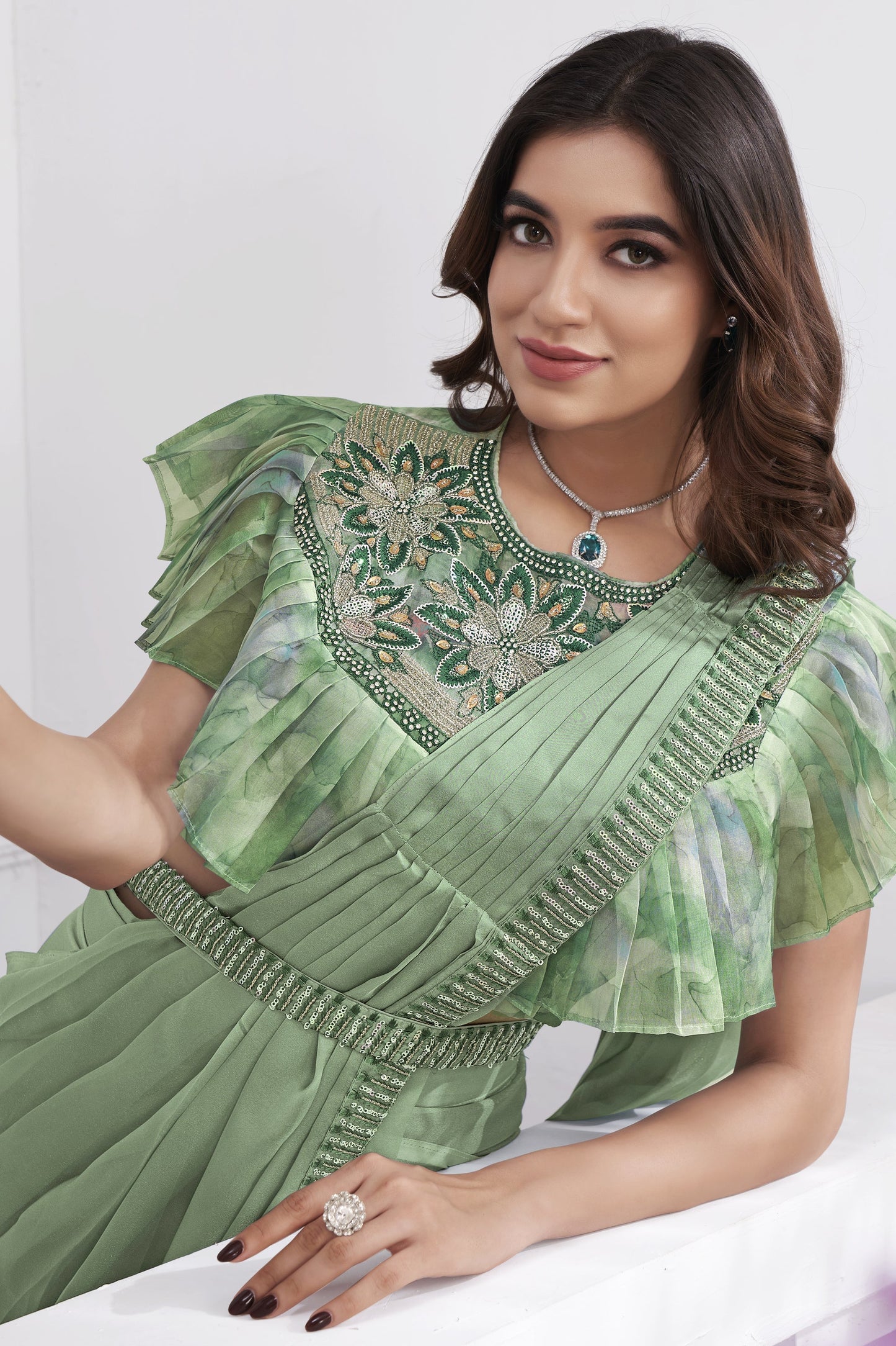 Pista Green Georgette Readymade Saree With Stitched Blouse-ZB133690_2_SareeButa.com