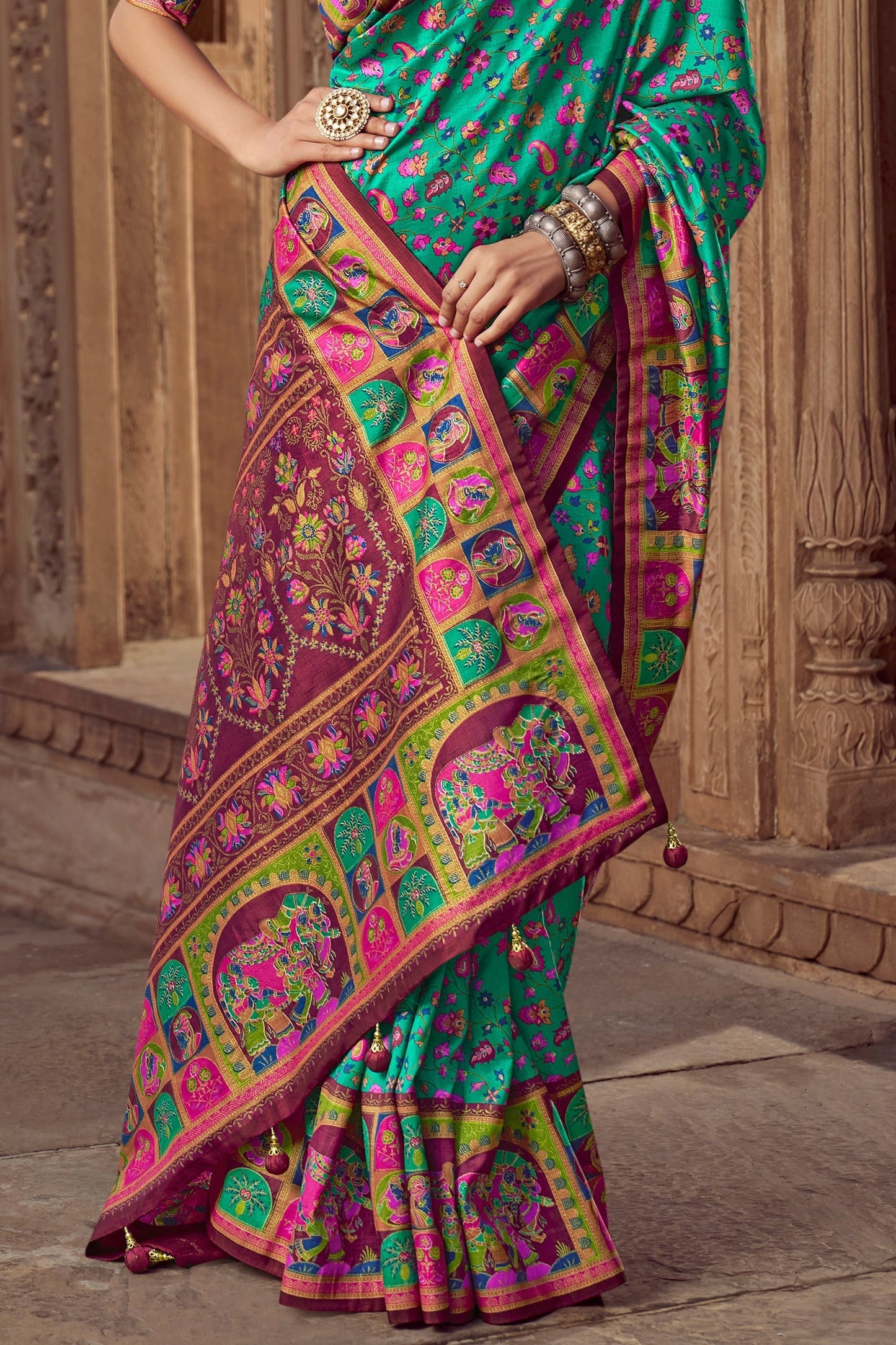 Pool Green Pashmina Printed Viscose Silk Saree-SAR10403_4_SareeButa.com