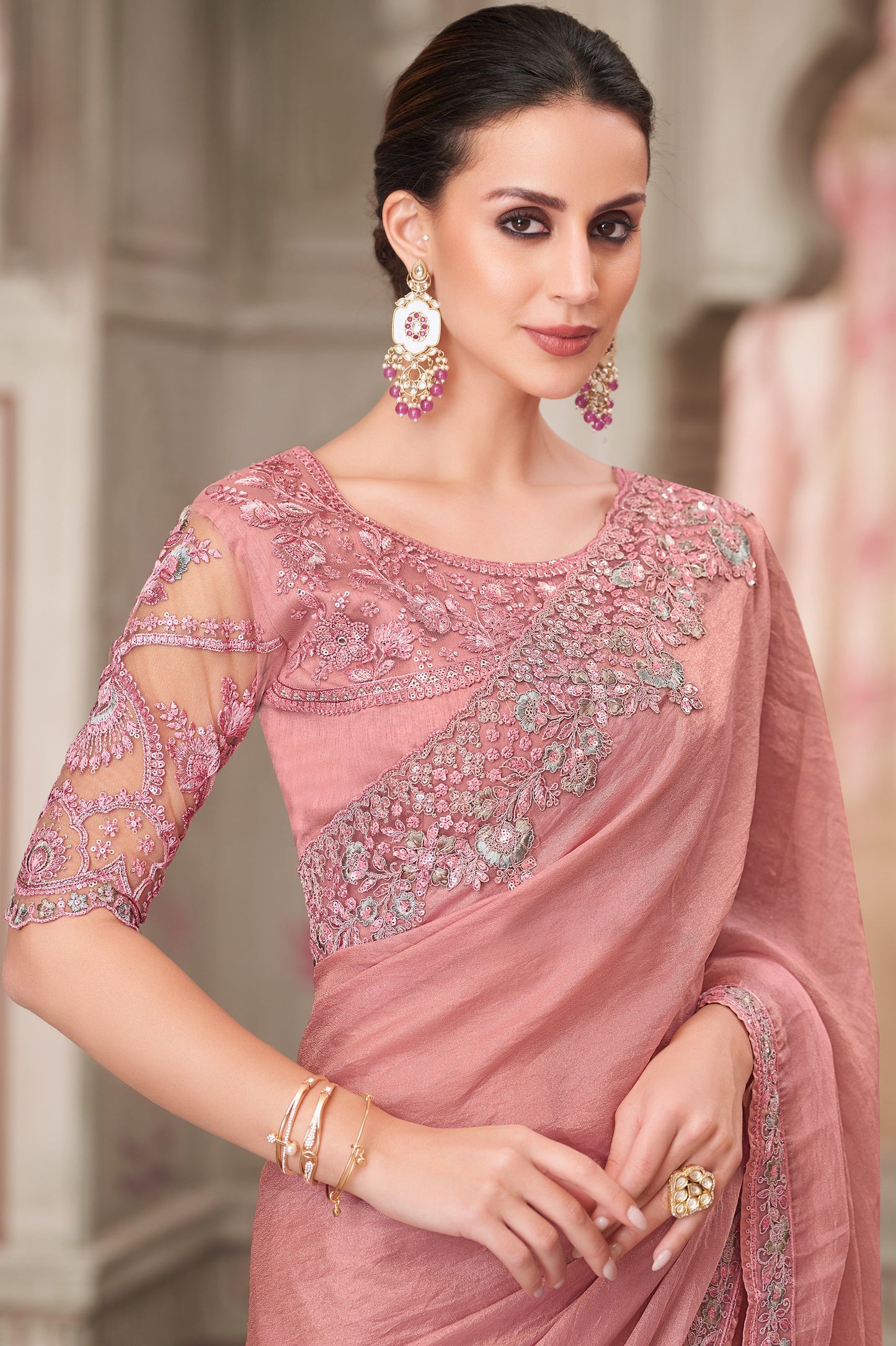 Powder Pink Embroidered Satin Georgette Saree-ZB134567_2_SareeButa.com