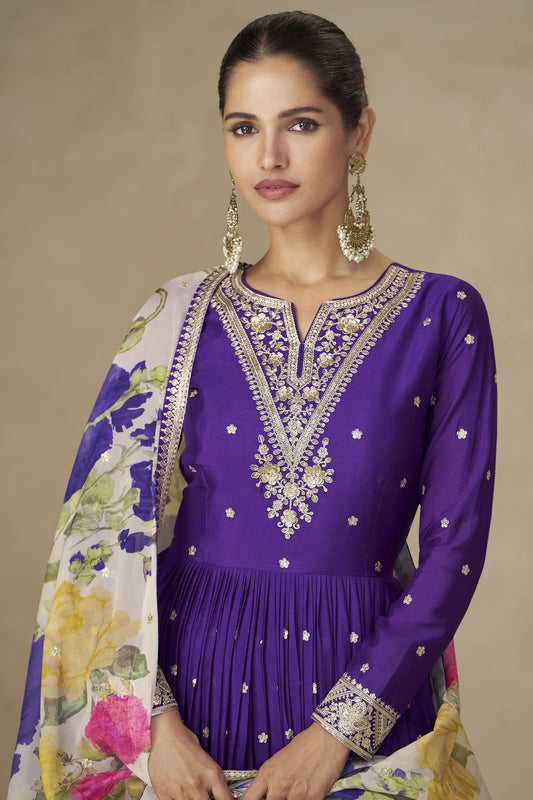 Purple Readymade Embroidered Chinon Gown With Dupatta-SS835_2_SareeButa.com