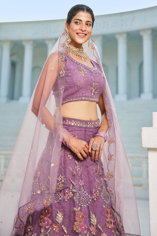 Purple Semi Stitched Embroidered Net Lehenga-LC105_2_SareeButa.com