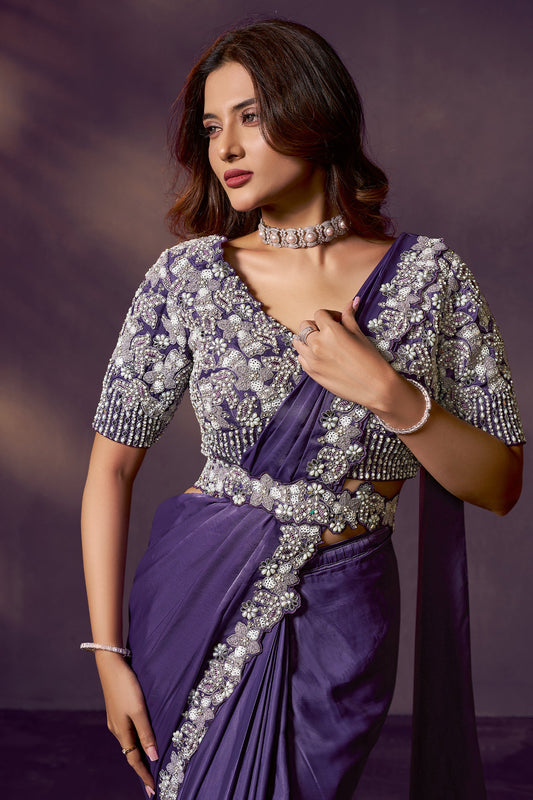 Purple Embroidered Satin Readymade Saree with Stitched Blouse-SAR10861_2_SareeButa.com