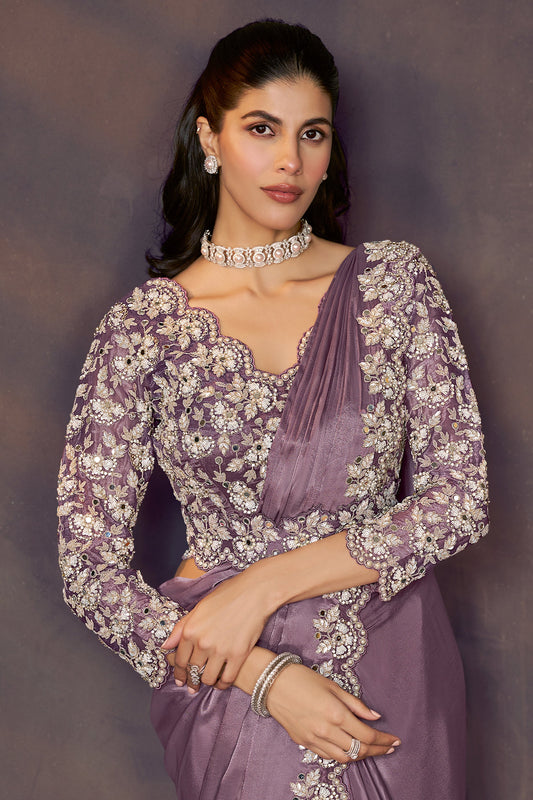 Purple Embroidered Satin Readymade Saree with Stitched Blouse-SAR10863_2_SareeButa.com