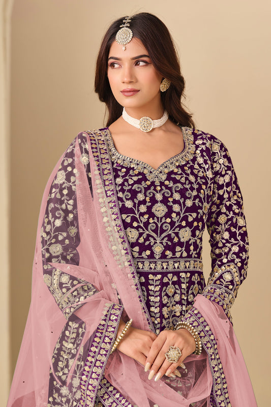 Purple Embroidered Velvet Gown With Dupatta-SAR11577_2_SareeButa.com