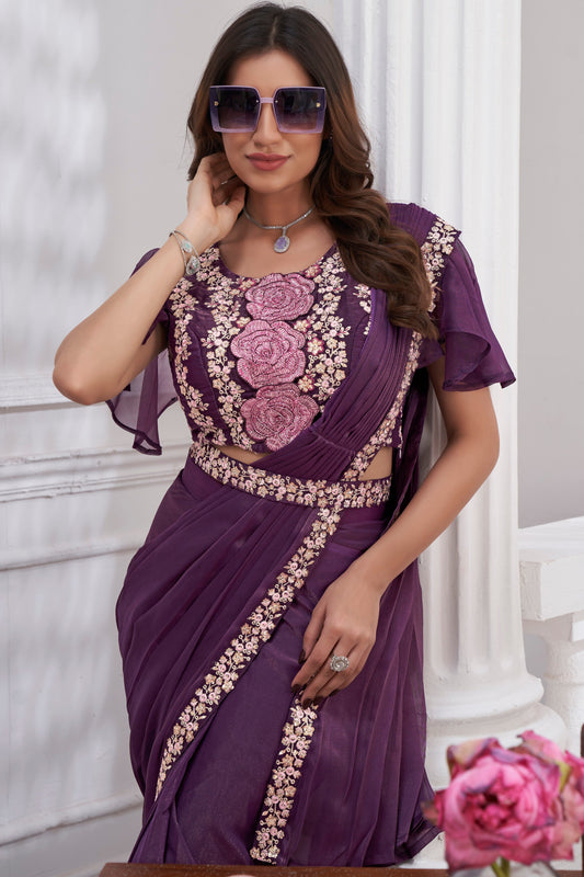 Purple Georgette Readymade Saree With Stitched Blouse-ZB133686_2_SareeButa.com