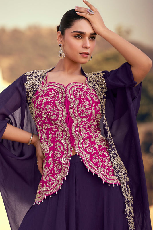 Purple Readymade Chinon Palazzo Set with Shrug-SS803_2_SareeButa.com