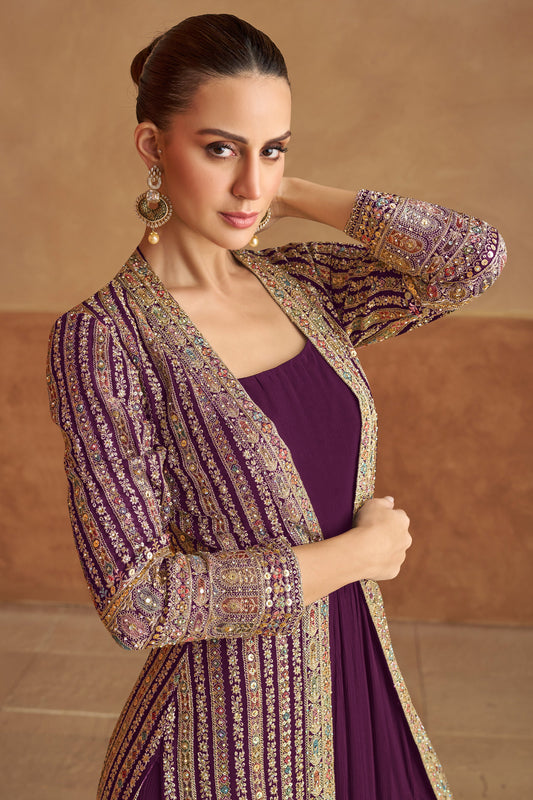 Purple Readymade Embroidered Georgette Gown with Jacket-SS516_2_SareeButa.com