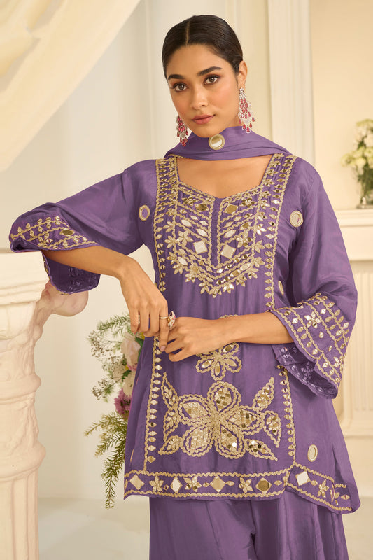 Purple Readymade Mirror Work Chinon A-line Suit-SAR12155_2_SareeButa.com