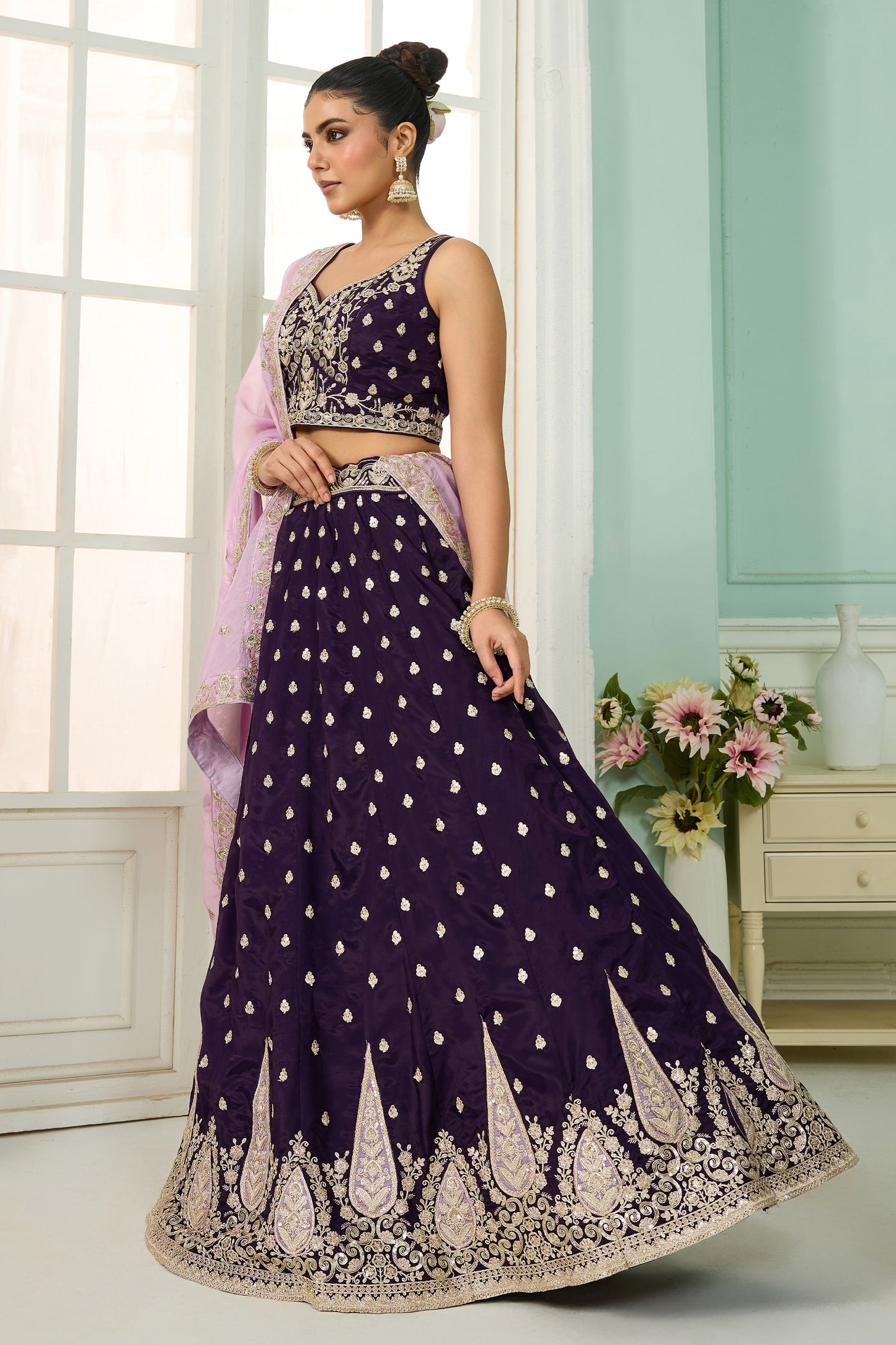 Purple Semi-Stitched Embroidered Organza Lehenga