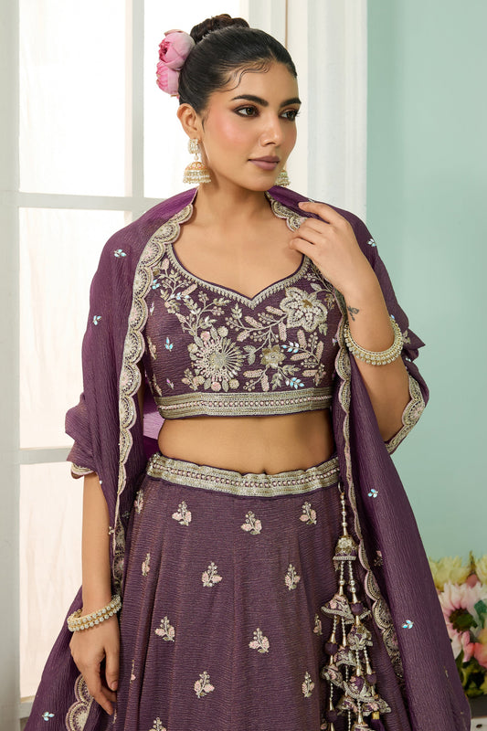 Purple Semi-Stitched Embroidered Tissue Lehenga-SAR10689_2_SareeButa.com