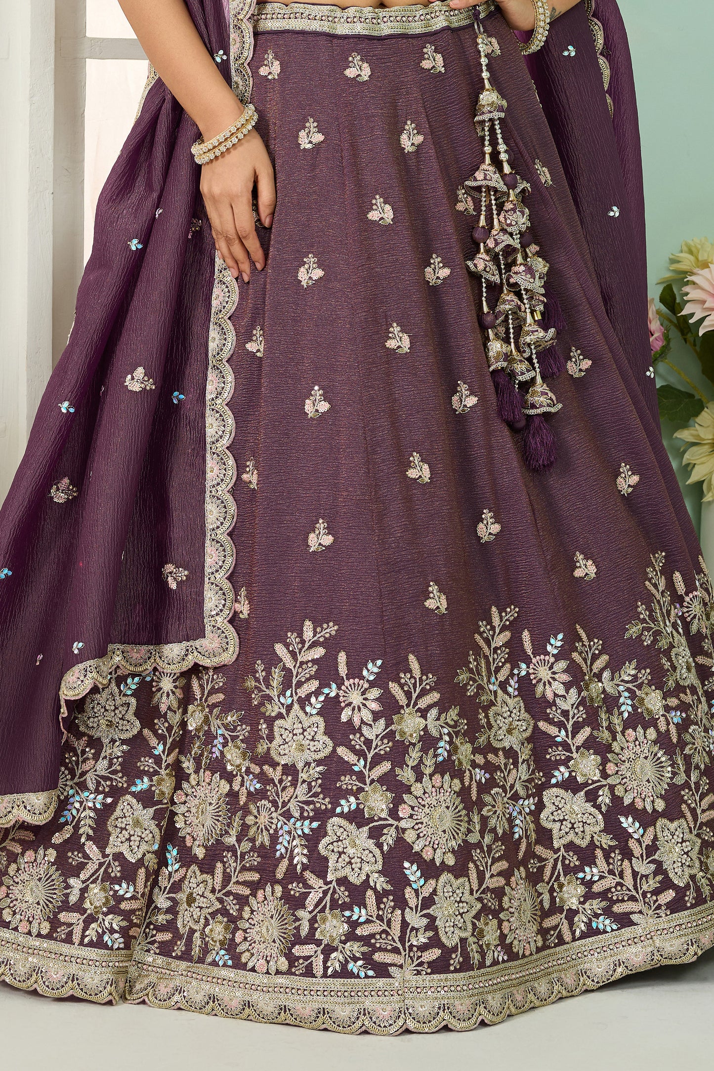Purple Semi-Stitched Embroidered Tissue Lehenga