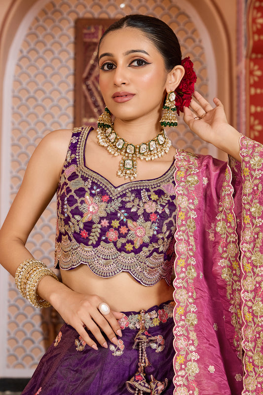 Purple Semi Stitched Embroidered Tissue Lehenga-SAR12849_2_SareeButa.com
