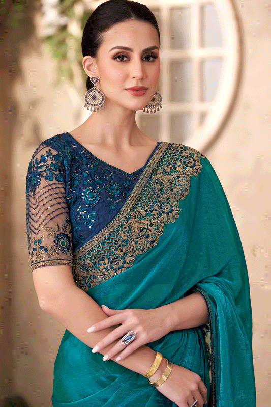 Rama Blue Embroidered Satin Georgette Saree-ZB134906_2_SareeButa.com