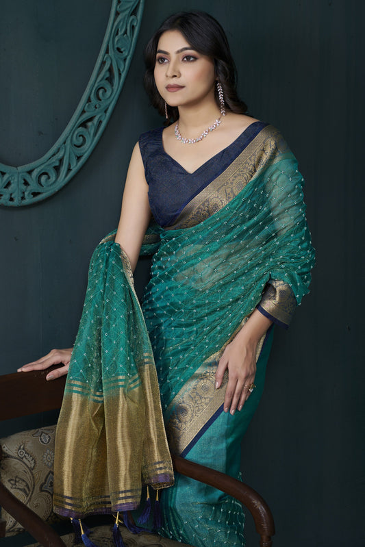 Rama Blue Bead Work Jacquard Saree-ZB134216_2_SareeButa.com