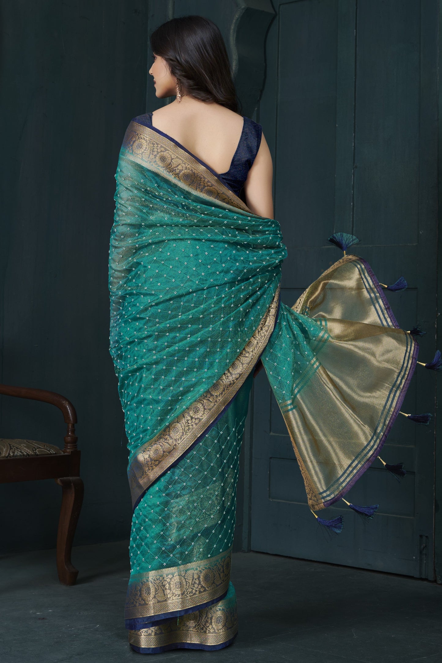 Rama Blue Bead Work Jacquard Saree-ZB134216_4_SareeButa.com