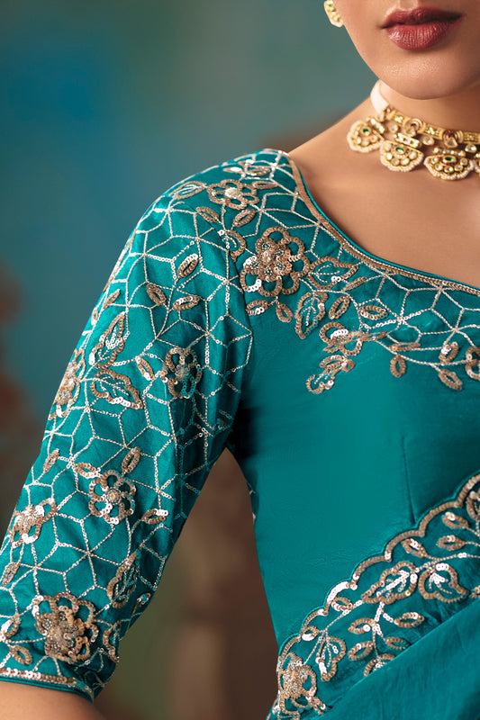 Rama Blue Embroidered Organza Saree-SAR12035_2_SareeButa.com