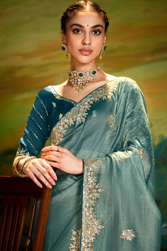 Rama Blue Embroidered Organza Saree-ZB134603_2_SareeButa.com