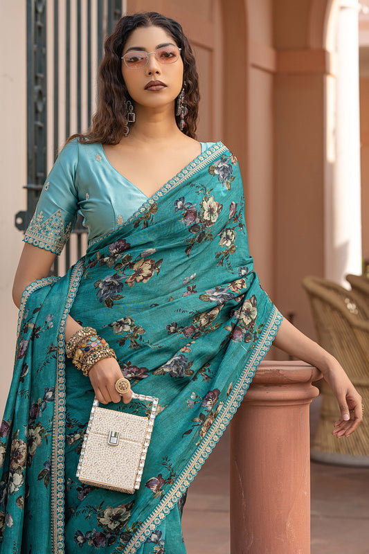 Blue Green Printed Viscose Silk Saree with Lace Border-ZB134631_2_SareeButa.com