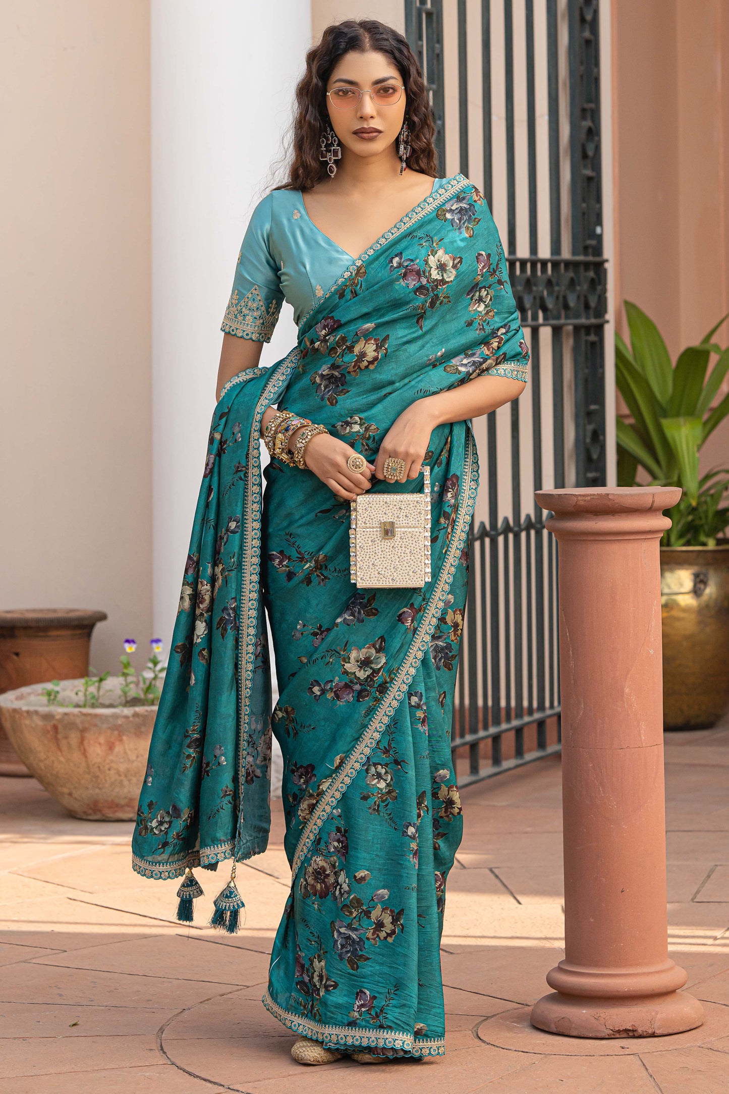 Blue Green Printed Viscose Silk Saree with Lace Border-ZB134631_3_SareeButa.com