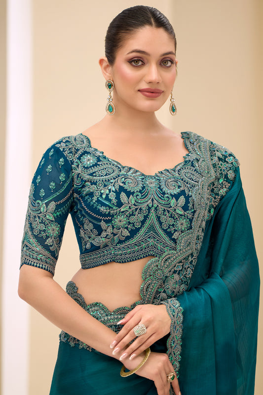 Rama Green Embroidered Satin Chiffon Saree-SAR12435_2_SareeButa.com