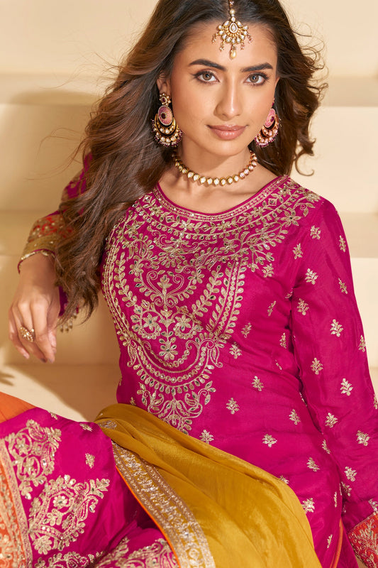 Rani Pink Readymade Embroidered Chinnon Silk Suit-SAR10675_2_SareeButa.com