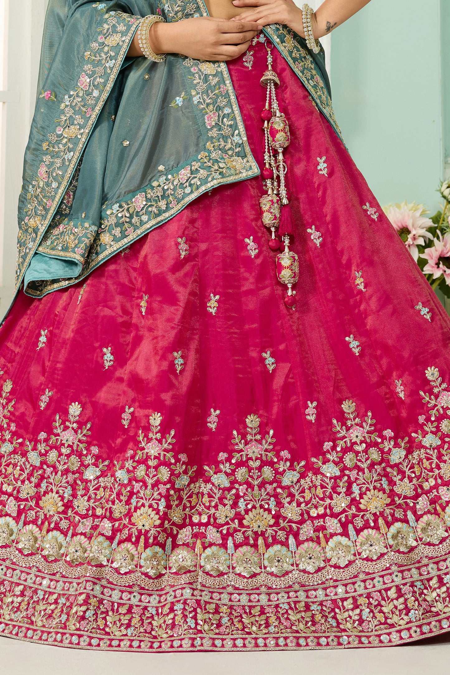 Rani Pink Semi-Stitched Embroidered Silk Lehenga