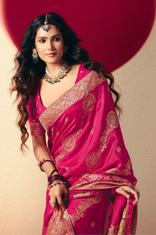 Rani Pink Woven Viscose Silk Saree With Brocade Blouse-SAR10247_2_SareeButa.com